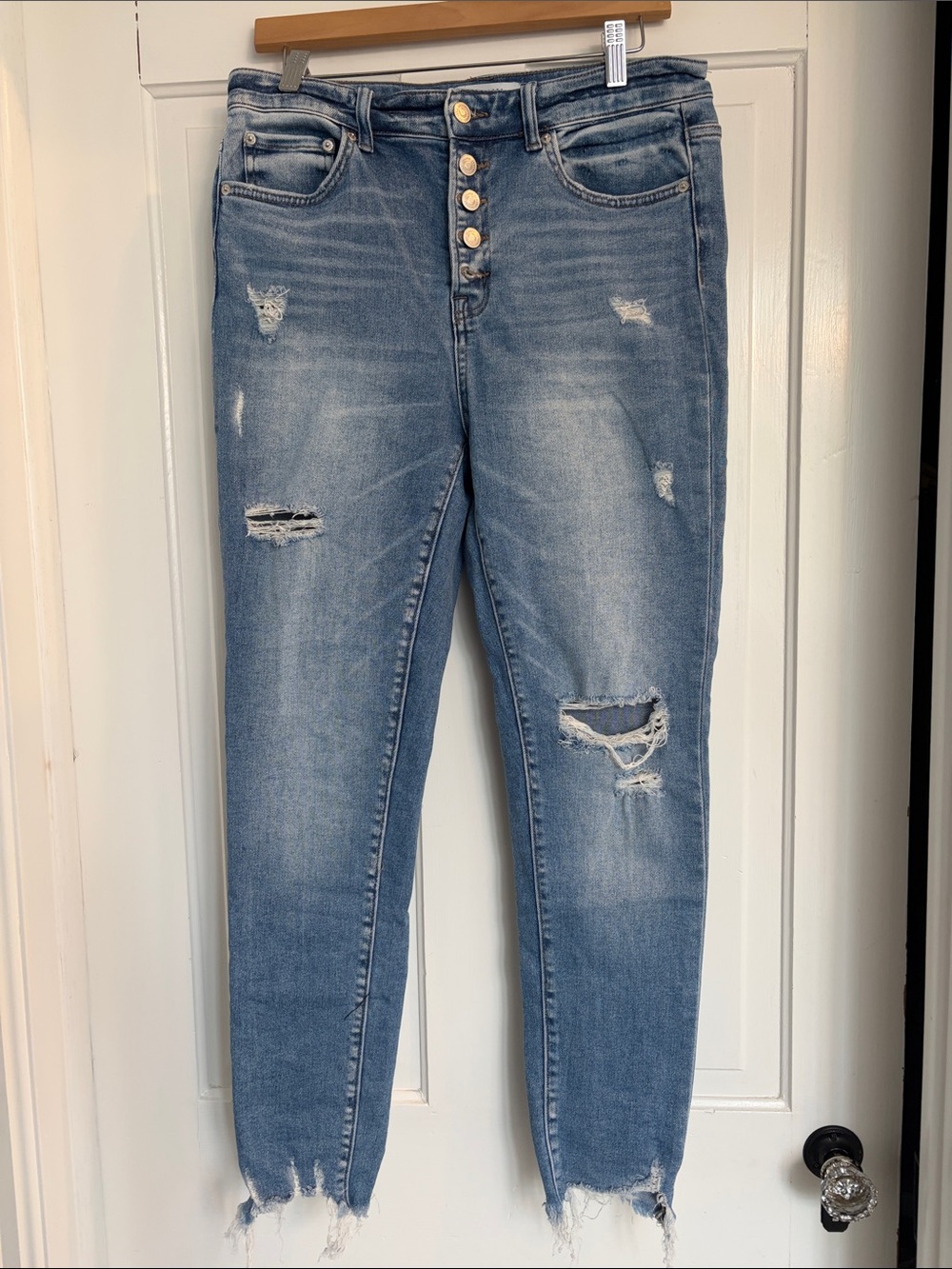 Zenana Womens Distressed High-Rise Button-Fly Blue Jeans Size 30